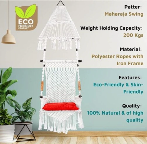 The Elegant Curio Centre Premium Maharaja Hanging Swing - White with Polyester Ropes & Mild Steel Frame Chair with Heavy Duty Stainless Steel Hanging Accessories And Cushion has a unique design, -  Free Size, White,  Polyester Rope With Iron Frame,  Pack of 1